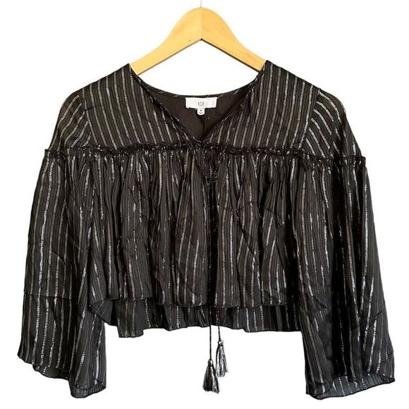 NSR Metallic Stripe Tassel Tie Front Ruffle Crop Top - Picture 7 of 10